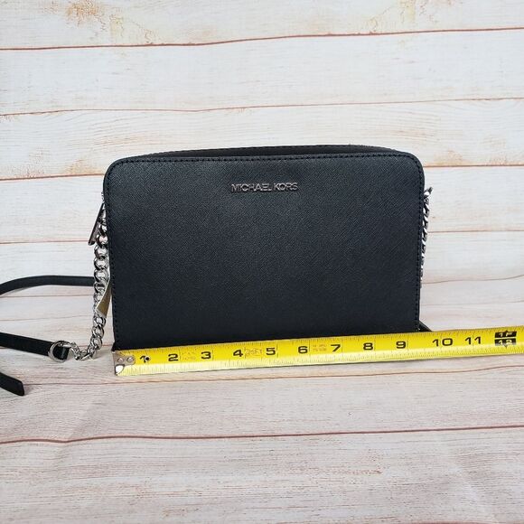 Michael Kors Jet Set Saffiano Leather Crossbody Silver Chain Hardware Gift Box - Picture 12 of 16